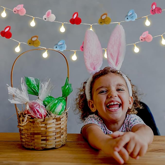 9.85Ft Easter Decor String Lights with Timer 20 Rabbit Shaped Pompoms 20 Ball LED Garland Battery Operated Easter Decorations Bunny Lights for Home Party Kids Room Bedroom Birthday Wedding Indoor
