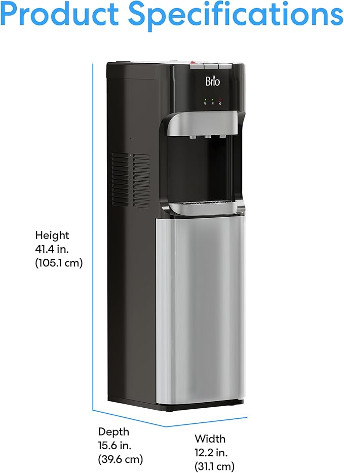 Brio Bottom Loading Water Cooler Dispenser for 5 Gallon Bottles - 3 Temperatures with Hot, Room & Cold Spouts, Child Safety Lock, LED Display with Empty Bottle Alert, Stainless Steel