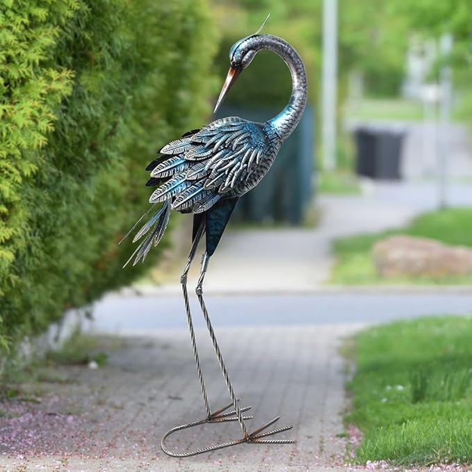 37 Inch Blue Heron Crane Statue, Metal Yard Art Outdoor Decoy, Garden Sculpture for Lawn/Pond Decoration, 1Pc, ORTBL-CR24053A-18
