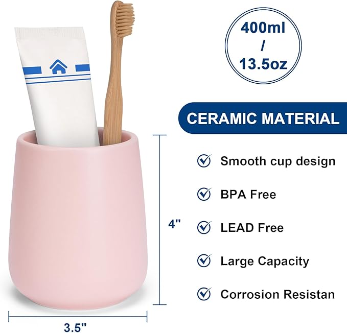 Bathroom Tumbler Cup Ceramic 13.5oz Reusable Toothbrush Cup 400ml,Toothbrush Holder Adequate for Your Bathroom (Pink)