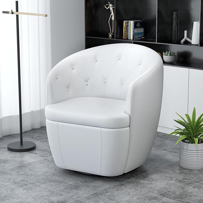 360° Swivel Leather Accent Chair, Modern Barrel Club Chair with Leather Upholstery and Sturdy Base, Comfortable Armchair for Living Room, Bedroom, Reading Nook, White