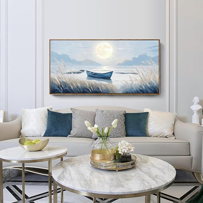 amatop Large Framed Wall Art Bedroom Living Room Decor Blue Boat Moonlight Coastal Seascape Picture Landscape Decorative Canvas Print Tranquil Night Ocean Lake Scene Artwork Nautical Wall Decor 48x24
