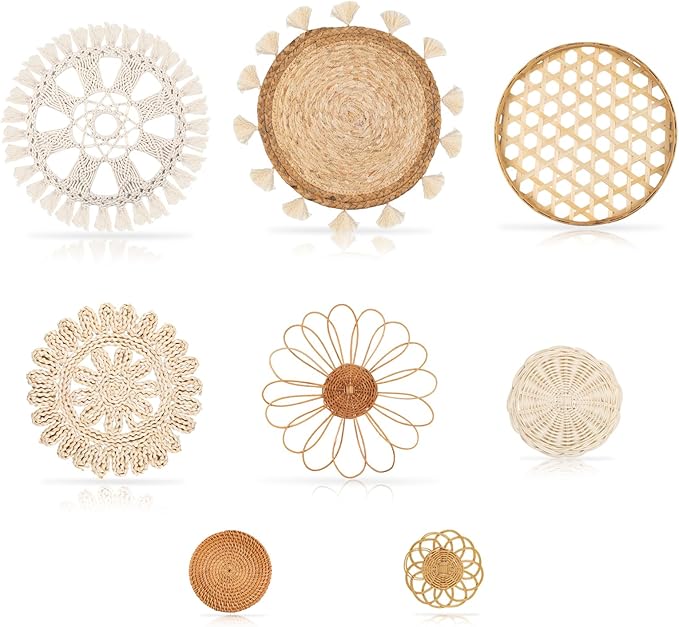 Boho Wall Basket Decor Set of 8 - Flat Woven Basket Wall Hanging Decor,Round Tassels White Macrame Tapestry Wall Decor Art,Handmade Rattan Wicker Seagrass Home Wall Baskets Decor(Boho Classic)