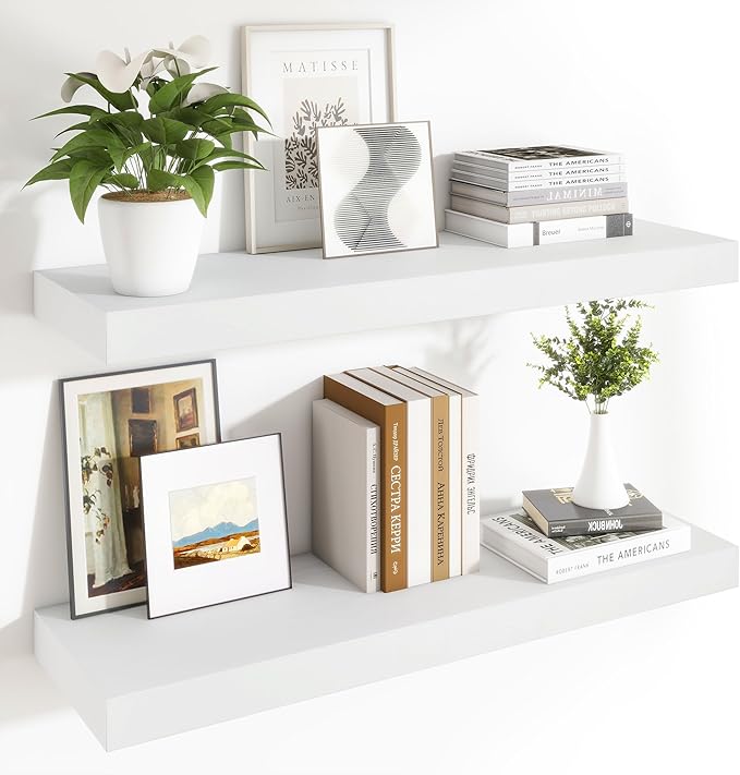 Heimlove 12 Inch Deep Floating Shelves, 48 x 12 inches Long Wall Shelf, Large Display Shelf & Storage Shelf, Rustic Wood Wall Shelves for Fireplace Mantel, Set of 2(White)