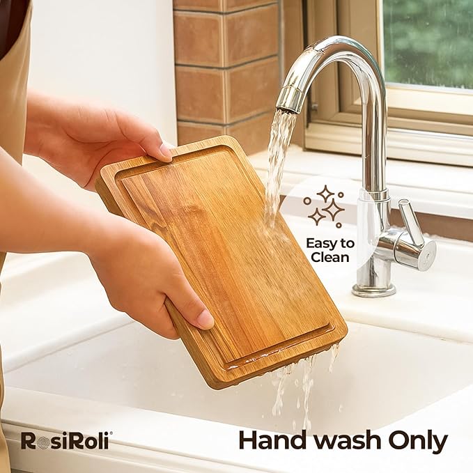 Acacia Wood Cutting Board for Kitchen - 0.8 inch Thick Wood Charcuterie Cheese Board with Side Handles and Juice Grooves, Wooden Chopping Block for Meat and Veggies, 11.5x7 inch