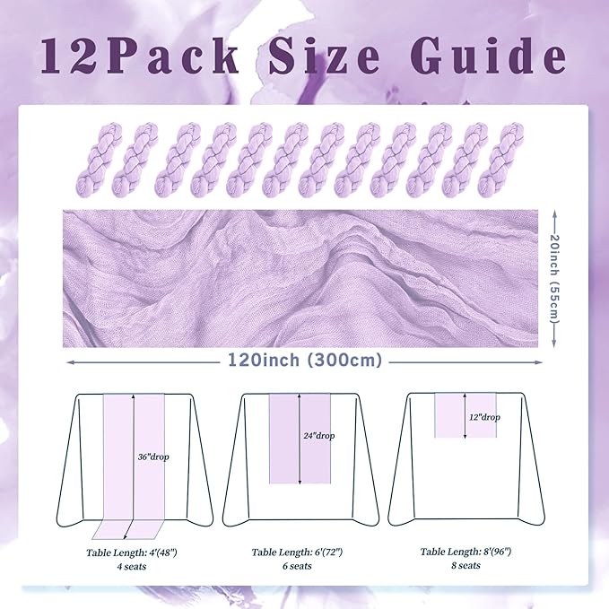12 Pack Lilac Cheesecloth Table Runner 10FT Rustic Gauze Cheese Cloth Table Runner for Wedding 20 x 120 Inch Long Bridal Baby Shower Table Decor Boho Fabric Sheer Birthday Party Table Decorations