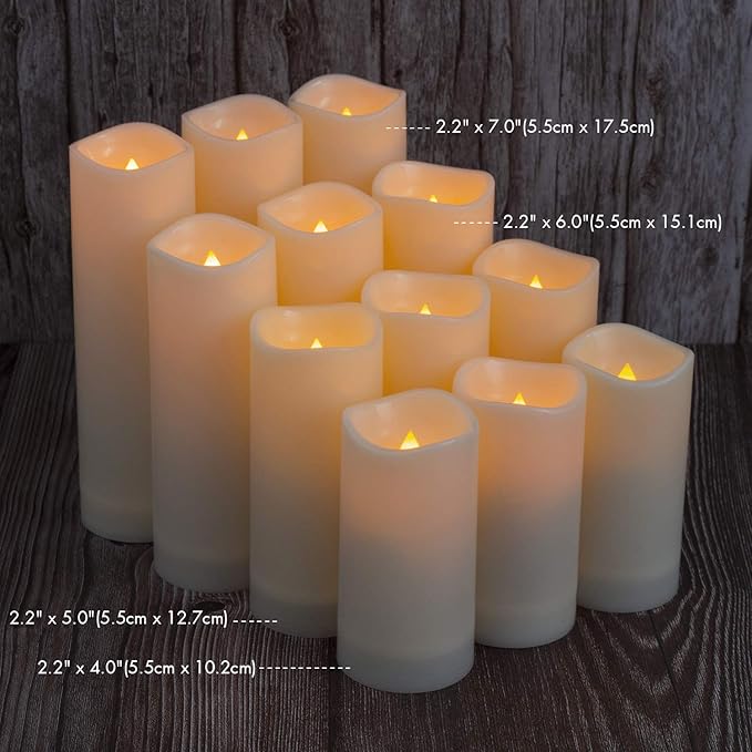 Aignis 12pcs Flameless LED Candles Battery Operated with 10-Key Remote Timer, Outdoor Indoor Waterproof, Warm Flickering Glow for Cozy & Romantic Home/Wedding/Holiday Décor(D2.2''xH4/5/6/7'')