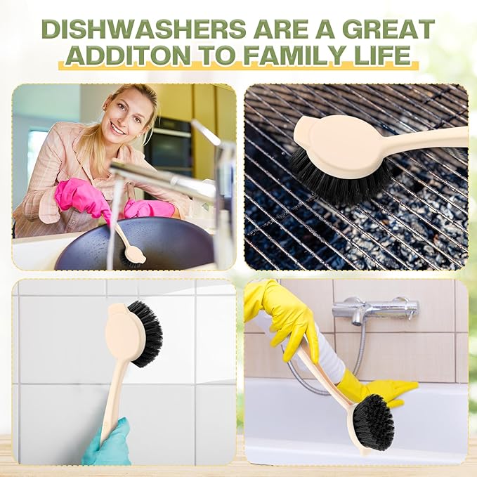 16 Pack Dish Brush with Handle Dish Scrubber Brush with Built-in Scraper Kitchen Scrub with Stiff Bristles Long Scrubber for Home Restaurant Pot Sink Washing Cleaning Supplies, Beige