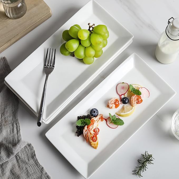 12" Serving Platters Set of 4, White Rectangular Plates, Ceramic Serving Tray, Stackable Large Party Plates for Appetizer, Dessert, Steak, Sushi, Housewarming, Oven Dishwasher Safe