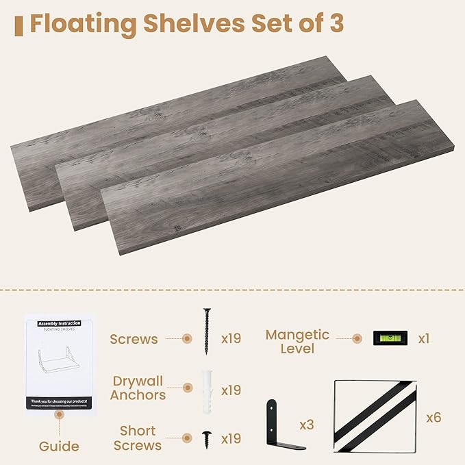 Heimlove 36 Inch Floating Bookshelves Set of 3,Wall Bookshelf Heavy Duty Wall Mounted Bookshelves for Living Room,Bedroom,Kitchen,Laundry Room Storage & Decor,Silver Grey