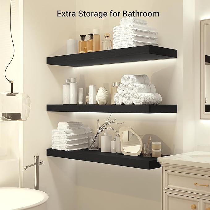 Heimlove 24 x 12 Inch Deep Floating Shelves Wall Mounted with Invisible Brackets,Storage Hanging Shelf for Wall Decor in Bathroom, Bedroom, Toilet, Kitchen, Living Room, Office Set of 1 (Black)