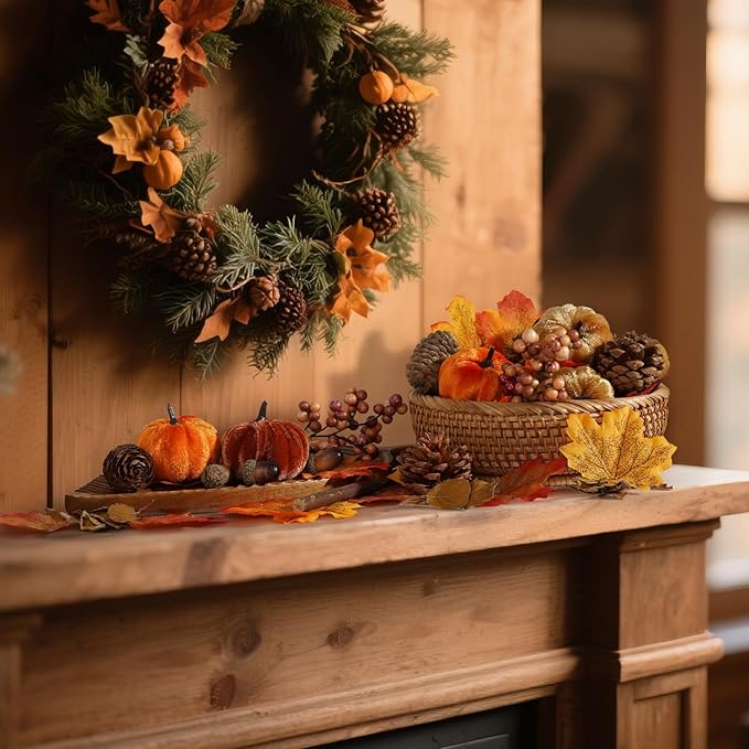 Artmag 51 PCS Artificial Fabric Pumpkins, Fall Harvest Decorations with Acorns, Pinecones, Berries, Maple Leaves for Fall Thansgiving Halloween Decoration