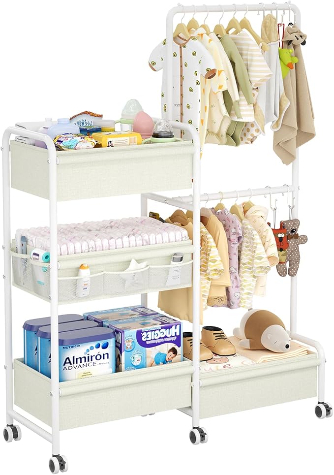 2in1 Baby Diaper Caddy & Clothes Organizer and Storage Rolling Cart, Large Capacity Nursery Organization For Baby Dresser,Changing Table, Crib, With 2 Dividers & 7 Pockets,White