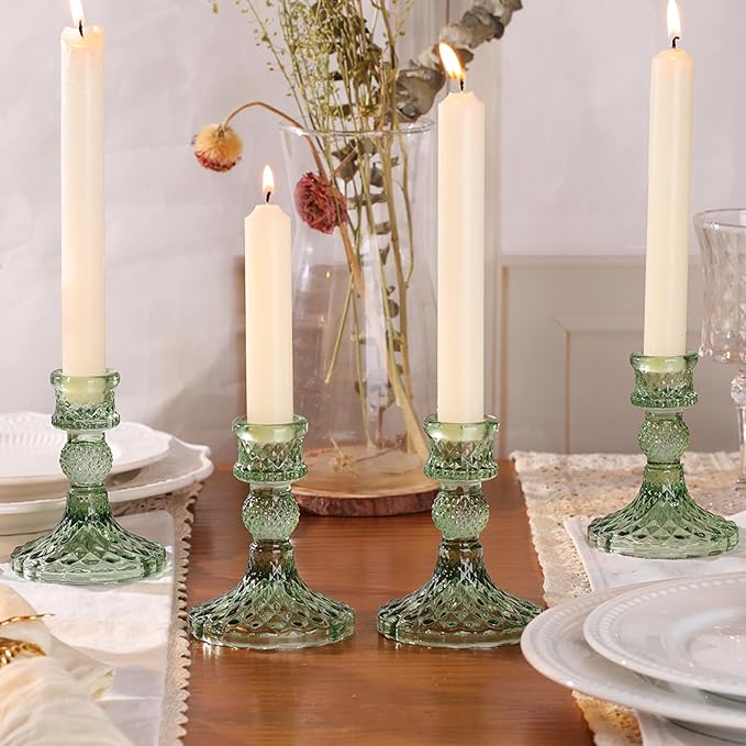 12Pcs Green Candlestick Holders Set- 4" H Taper Candle Holders Bulk, Glass Candle Holders for Wedding, Party, Romantic Dinner Table Centerpieces, Festival Gifts & Windowsill Decor