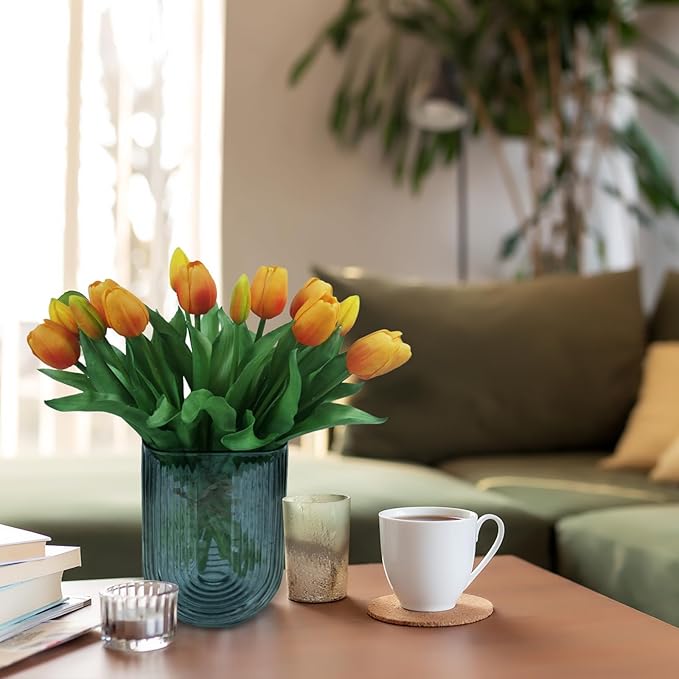 15pcs Artificial Tulips Flowers, Fake Tulips Real Touch, Faux Latex Bouquets, for Party Wedding Home Room Decoration (Orange)