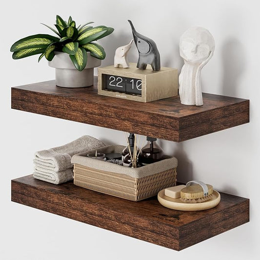 Heimlove 12" Deep Floating Shelves for Wall, 24 Inch Wall Shelf Bathroom Shelves Set of 2, Wall Mounted Shelves for Books Living Room Laundry Room Bedroom Kitchen Home Office, Rustic Brown
