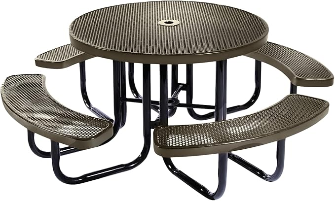 Heavy-Duty Portable Outdoor Picnic Table with Umbrella Hole, Punched Steel Commercial-Grade Patio Dining Furniture Made in America (46" Round Top, Textured Gold Vein)