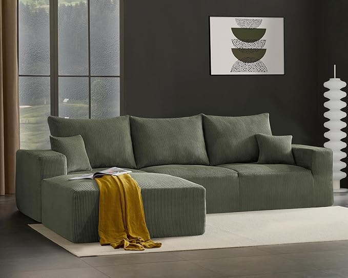 Boneless Sectional Cloud Couch Sofa for Living Room, 112" L-Shaped Modular Modern Lounge Sleeper Green Couches with Chaise, No Assemble, Cordury Compression Upholstered Sofas