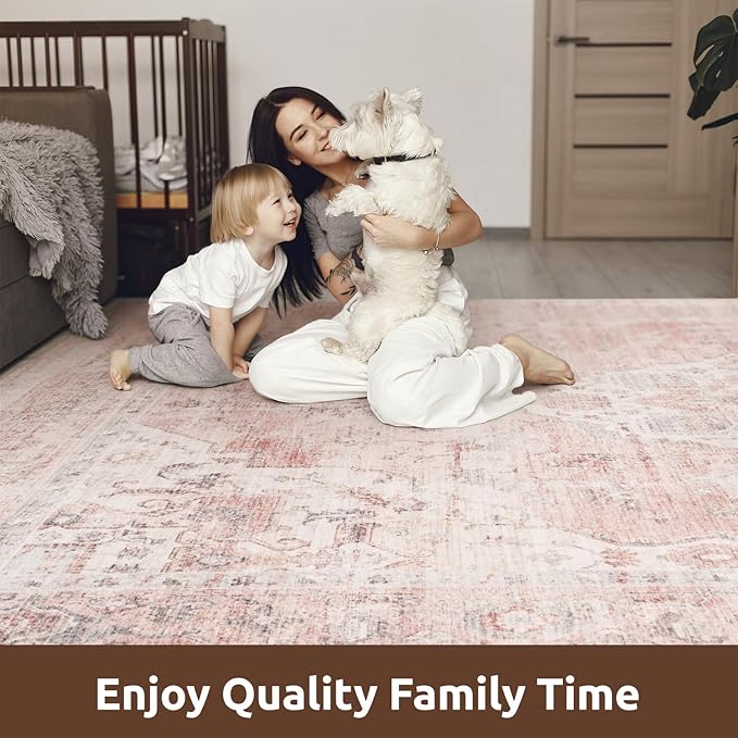 AMOAMI-2X10 Runner Rug-Washable Runners for Hallways-Soft Non Slip Bedside Rugs for Bedroom-Vintage Long Rug for Hallways Entryway Laundry Room Stair Kitchen Bathroom Pink