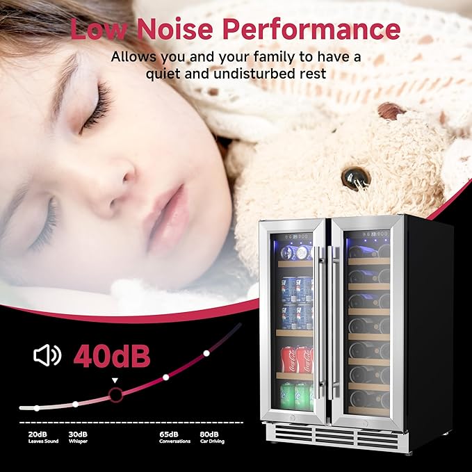 24" Wine and Beverage Refrigerator, Dual Zone Wine Cooler with Glass Door, Hold 88 Cans & 21 Bottles, Built in or Freestanding Under Counter Wine Fridge with Blue LED Light.