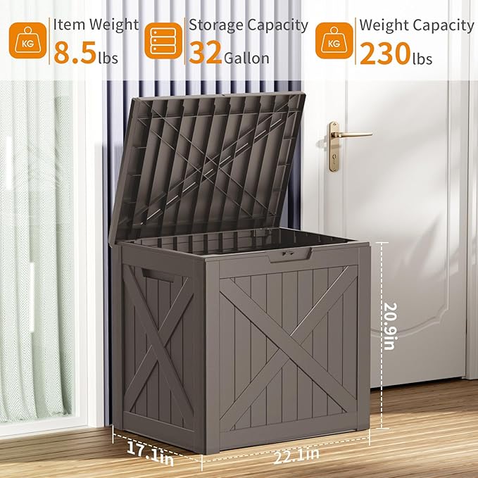 38 Gallon Outdoor Deck Box,Storage Lockable Waterproof Patio Furniture,Garden Tools,Cushions,Pool Accessories Outside Storage Resin Box(GreyX)