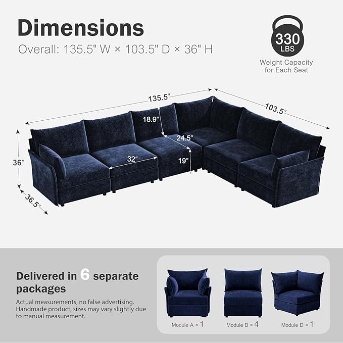135.5" Oversized Modular Sectional Sofa, L Shaped Convertible Couch with Movable Ottoman, Large 6 Seat Corner Couches for Living Room Deep Seat Blue Chenille