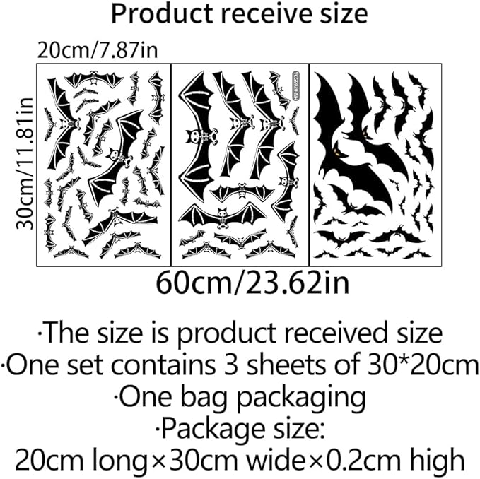 3 Sheets Glow in The Dark Halloween Skeleton Bat Decals Luminous Halloween Skeleton Bat Stickers Removable Bat Wall Decor Glowing Window Clings for Scary Halloween Theme Party Decorations