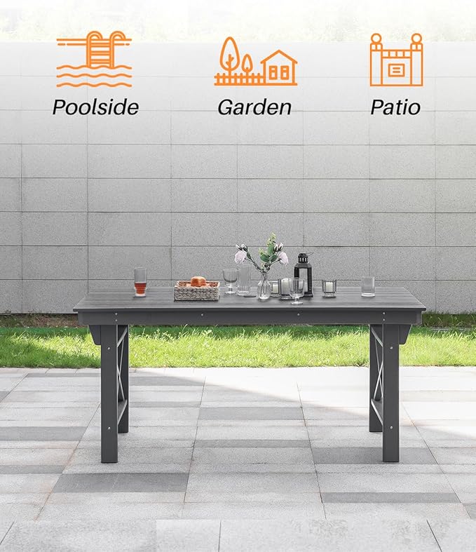 HDPE Outdoor Dining Table, 66.9” Rectangle Patio Dining Table for 6, All-Weather HDPE Outdoor Table with 2.2” Umbrella Hole, HDPE Patio Furniture for Deck, Backyard, Garden, Pool, Smoke Gray