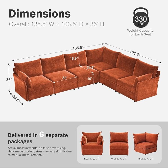 135.5" Oversized Modular Sectional Sofa, L Shaped Convertible Couch with Movable Ottoman, Large 6 Seat Corner Couches for Living Room Deep Seat Terracotta Orange Chenille
