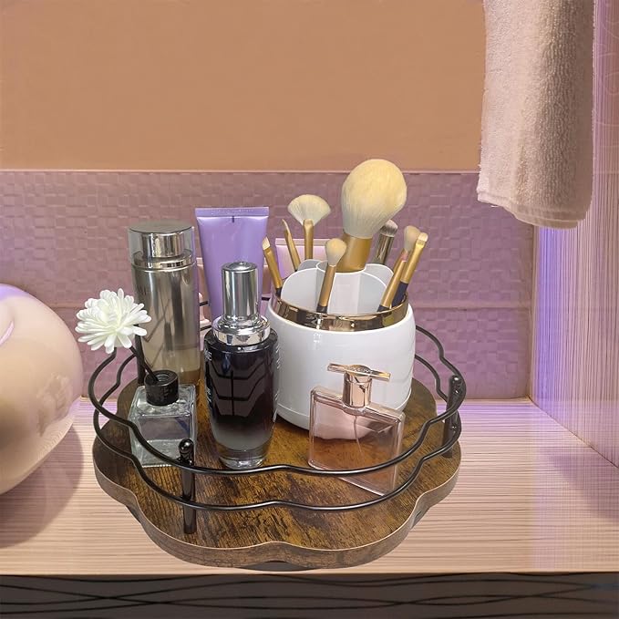 12" Lazy Susan Turntable Organizer with Higher Metal Sides, Wooden Lazy Susan Spice Rack Organization and Storage for Cabinet,Kitchen,Countertop,Table Top,Dining Table,Coffee Bar Decor