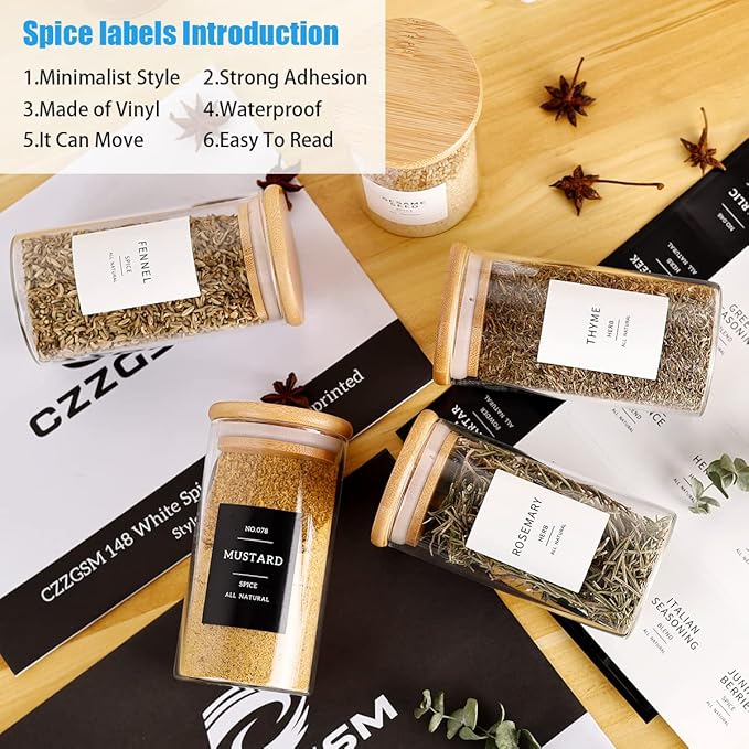 12 Pcs Glass Spice Jars With 296 Spice Labels Preprinted of White and Black Color- 10oz Thicken(2.4mm) Spice Containers With Bamboo Airtight Lids - Empty Small Herb Seasoning Jars