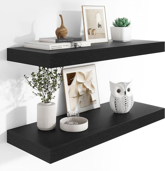 Heimlove 12" Deep Floating Shelves, 36 x 12 Inch Wall Mounted Long Floating Shelf with Invisible Brackets, for Home Decor, Bedroom, Kitchen, Living Room, Bathroom - 2 Pack, Black