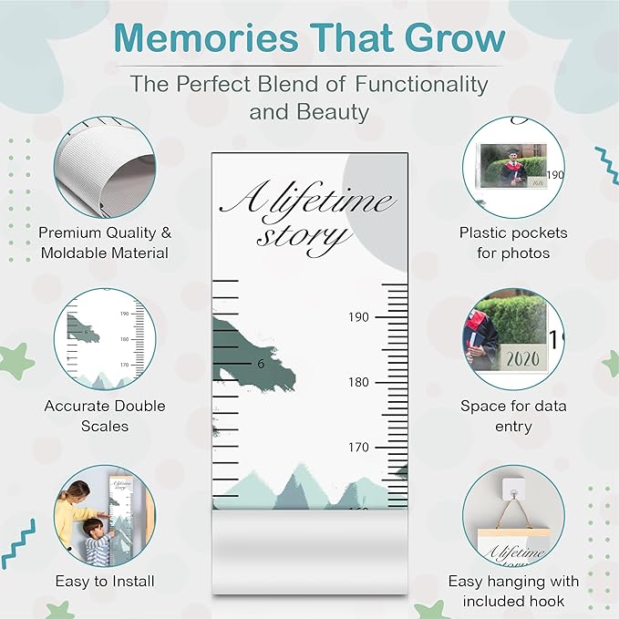 A Lifetime Story Growth Chart for Wall - Personalized for Photos, Photo Stickers, and Memory Album Feature - Height Chart for Kids - Child Height Wall Chart - Height Measurement for Wall