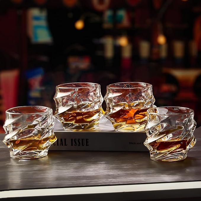 12 oz Hand Blown Crystal Whiskey Glasses Set of 4, Unique Cognac Glass, Heavy Thick Bottom Bar Glass for Scotch Bourbon Rum Gin Water Cocktail,Gifts Men Gifts Ideas