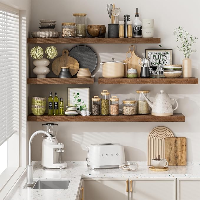 Heimlove 12" Deep Walnut Floating Shelves for Wall, 24 Inch Wall Shelf Bathroom Shelves Set of 2, Wall Mounted Shelves for Books Living Room Laundry Room Bedroom Kitchen Home Office