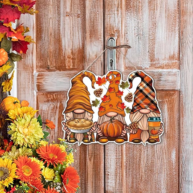 Autumn Dwarfs Decoration, Hello Fall Wood Hanging Decors, Rustic Thanksgiving Decors for Porch, Indoor Outdoor Autumn Door Decor, Housewarming Gift, Home Indoor Outdoor Decor