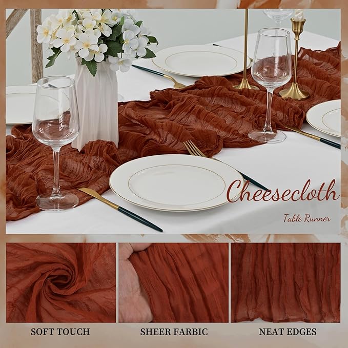 12 Pack Terracotta Cheesecloth Table Runner 10FT Boho Rustic Cheese Cloth Table Runner for Wedding 20 x 120 Inch Long Bridal Shower Baby Shower Gauze Fabric Sheer Birthday Party Table Decorations