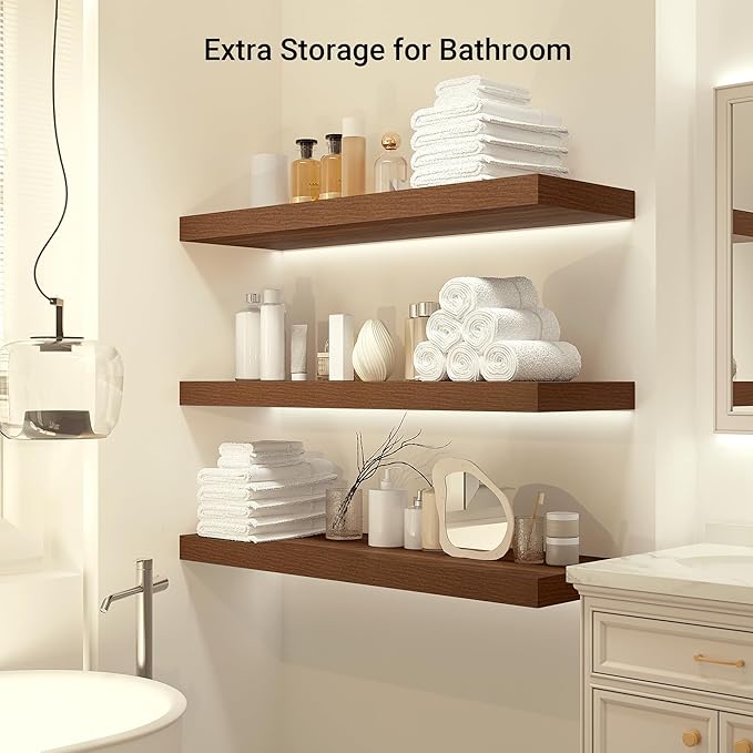 Heimlove 24 x 12 Inch Deep Floating Shelves Wall Mounted with Invisible Brackets,Storage Hanging Shelf for Wall Decor in Bathroom, Bedroom, Toilet, Kitchen, Living Room, Office Set of 1 (Walnut)