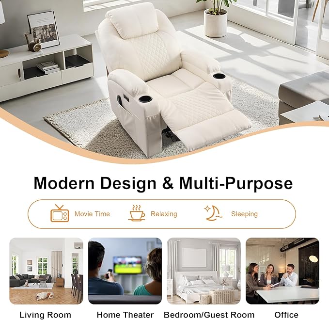 AHMED Power Recliner Chair with Vibration Massage & Heat for Adults, Faux Leather Home Theater Seating with Cup Holders/LED Lights/USB Ports/Side Pockets for Living Room, Beige