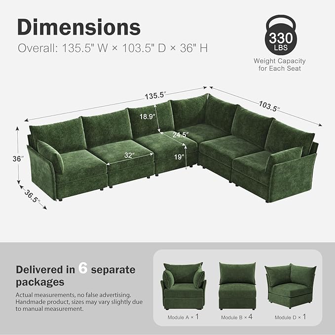 135.5" Oversized Modular Sectional Sofa, L Shaped Convertible Couch with Movable Ottoman, Large 6 Seat Corner Couches for Living Room Deep Seat Green Chenille
