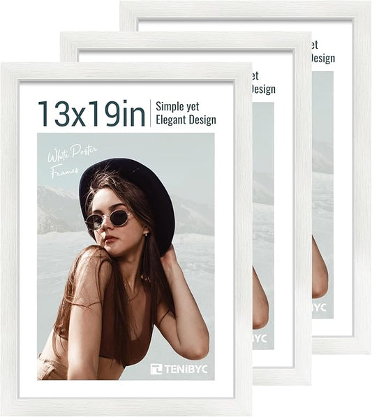 13x19 Picture Frame 3 pk, Textured White Solid Wood Poster Frame, HD Tempered Glass, Wall Gallery Frame