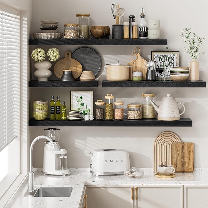 Heimlove 12" Deep Black Floating Shelves for Wall, 24 Inch Wall Shelf Bathroom Shelves Set of 2, Wall Mounted Shelves for Books Living Room Laundry Room Bedroom Kitchen Home Office