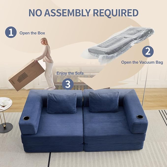 78" W Loveseat Sofa, 4 in 1 Convertible Floor Sofa Bed, Boneless Cloud Couch with Cup Holder, Fold Out Floor Couch, Loveseat Recliner Sleeper for Living Room Bedroom Lounge(Corduroy, White)