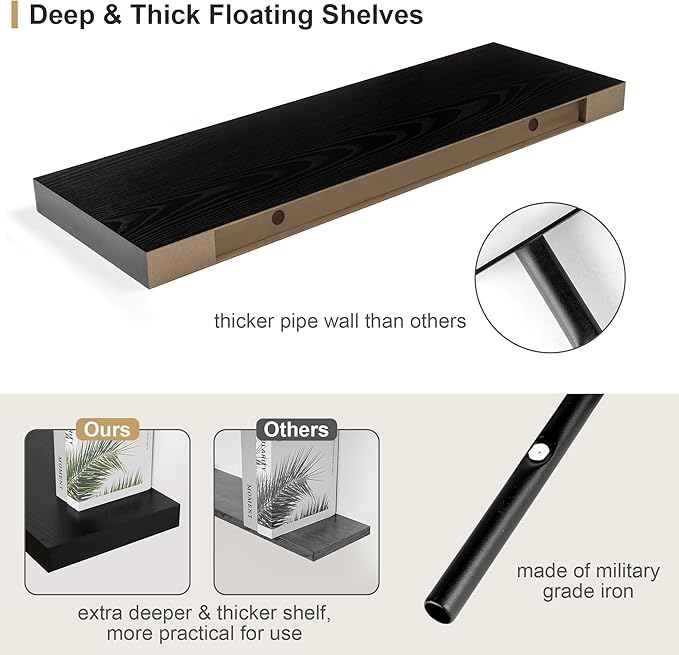 Heimlove 12" Deep Floating Shelves Black,Over Toilet Long Wall Mounted Modern Farmhouse 36 inches,Wall Shelves with Invisible Brackets for Bedroom, Bathroom, Living Room, Kitchen, Set of 1