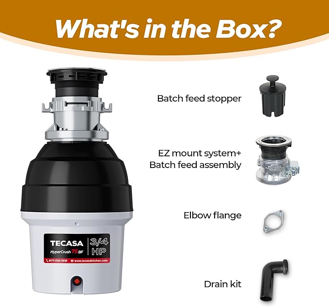 3/4 HP Batch Feed Garbage Disposal, TECASA Stainless Steel Food Waste Grinding System for Kitchen Sink Food Waste, Power Cord Included, Sound Reduction, Grey and Black - HyperCrush 75 BF