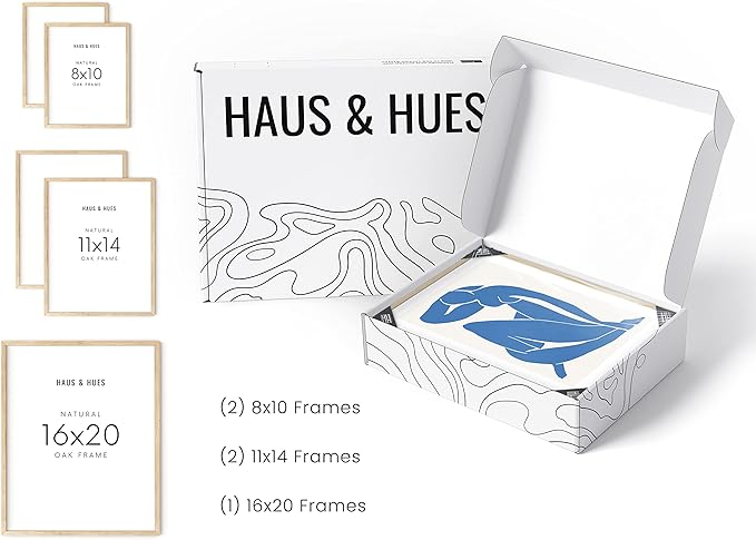 HAUS AND HUES Picture Frame Set - Set of 5 Wall Frames Collage Set, Collage Photo Frames, Natural Wood Picture Frames, Gallery Wall Decor, (Two 8x10, Two 11x14, One 16x20 Framed Beige)