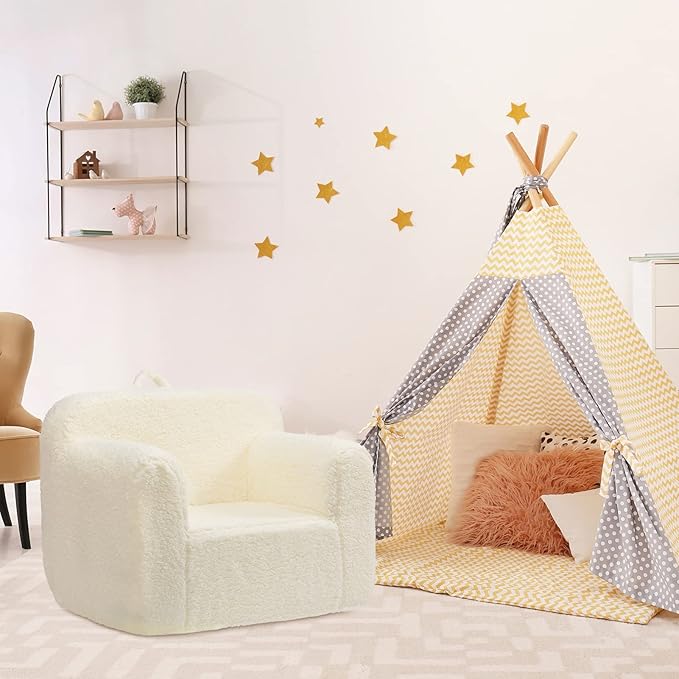 ALIMORDEN Kids Ultra-Soft Snuggle Foam Filled Chair, Toddler Cuddly Sherpa Reading Couch for Boys and Girls, Cream