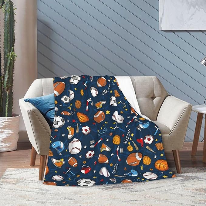 Baseball Football Basketball Sport Theme Throw Blanket 50x40 Inch Soft Fleece Blanket Men Women Gift for Kids Boys Girls for Party Couch Sofa Bed Deco Blankets