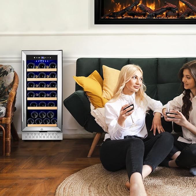 15 Inch Wine Fridge 32 Bottles Wine Cooler Refrigerator Undercounter Wine Fridge with Glass Door, LED Light, Removable Wooden Shelves, Built-in or Freestanding Wine Refrigerator for Home Office Bar