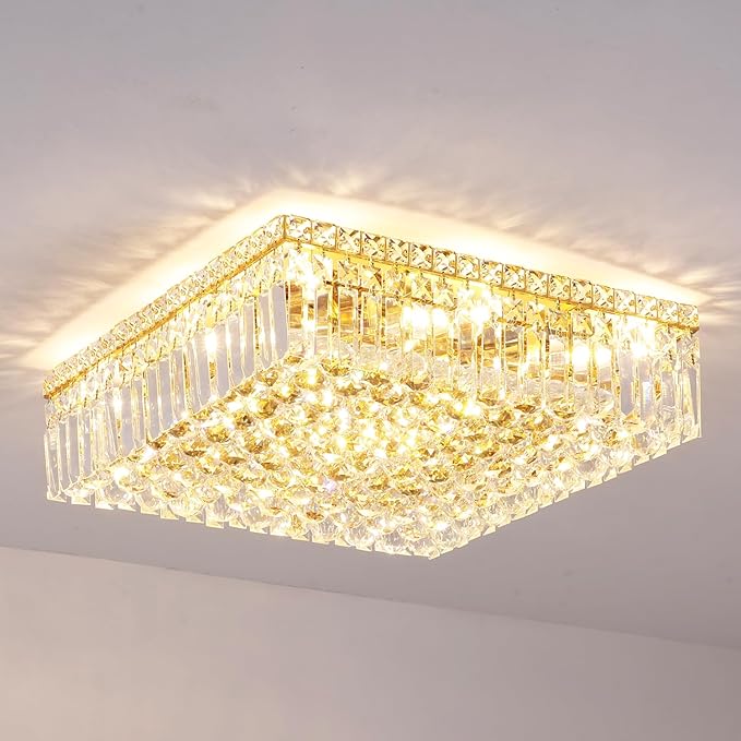 12-Lights Gold Crystal Flush Mount Ceiling Light Fixtures,Elegant Crystal Chandelier Pendant Ceiling Lamp for Bedroom,Living Room,Dining Room,Hallway H5.9 x W20 x L20 (Bulb Not Included) Square